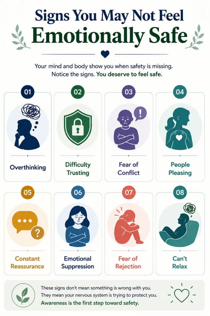 Infographic showing signs you may not feel emotionally safe, including overthinking, difficulty trusting, fear of conflict, people-pleasing, constant reassurance-seeking, emotional suppression, fear of rejection, and inability to relax.