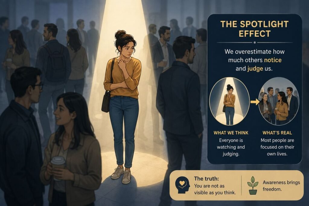 Spotlight Effect psychology infographic showing how people often overestimate how much others notice and judge them in social situations.