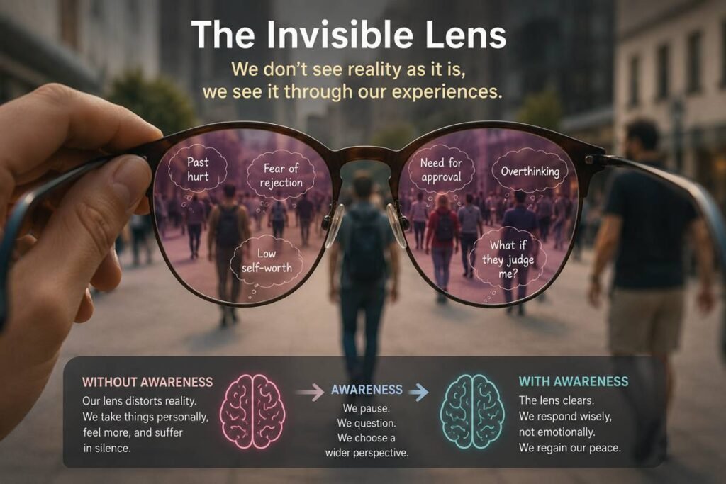 The Invisible Lens psychology illustration showing two people interpreting the same social situation differently, demonstrating how core beliefs influence emotional reactions and taking things personally.