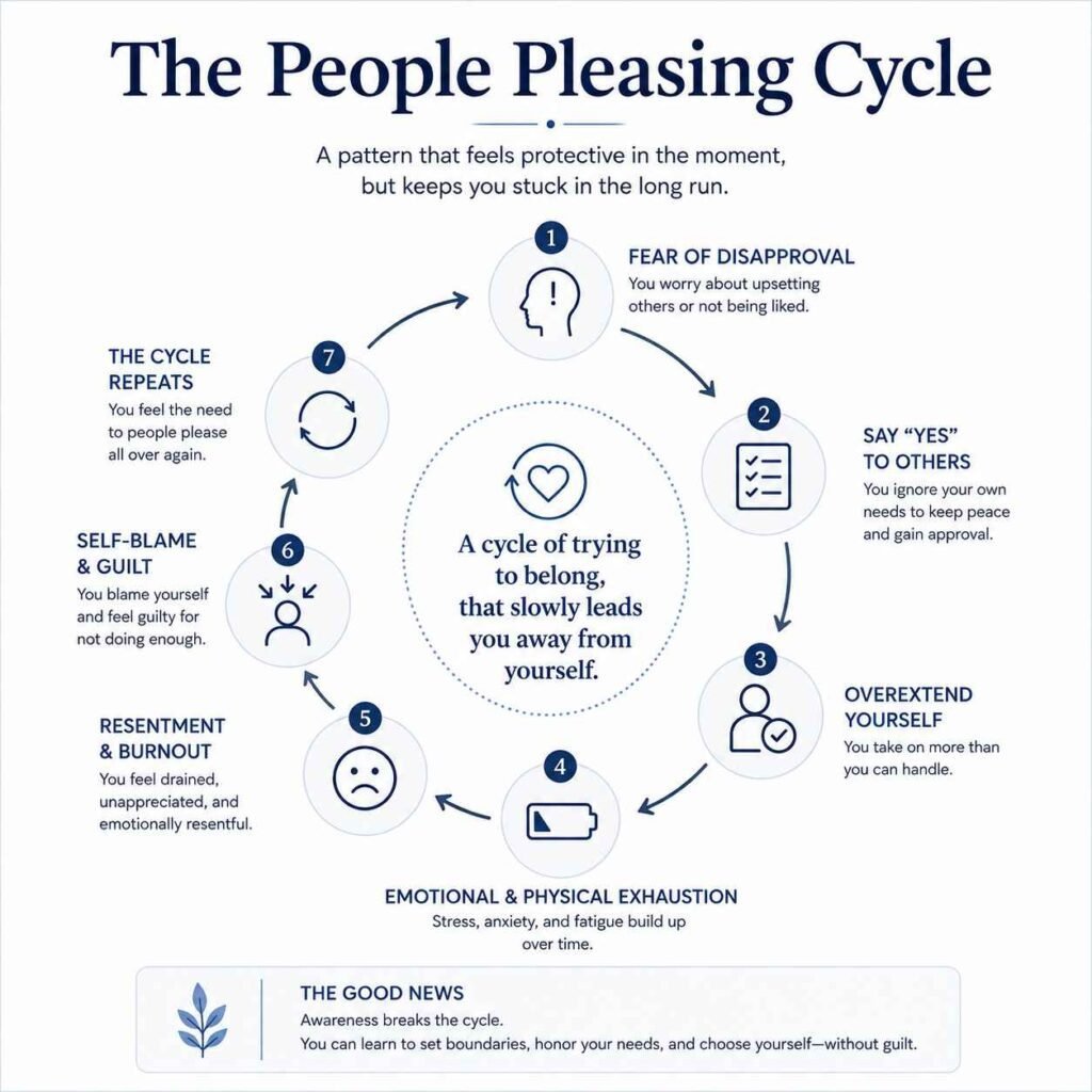 The People Pleasing Cycle infographic shows how fear of disapproval leads to saying yes, overcommitting, emotional exhaustion, guilt, and repeating the cycle.