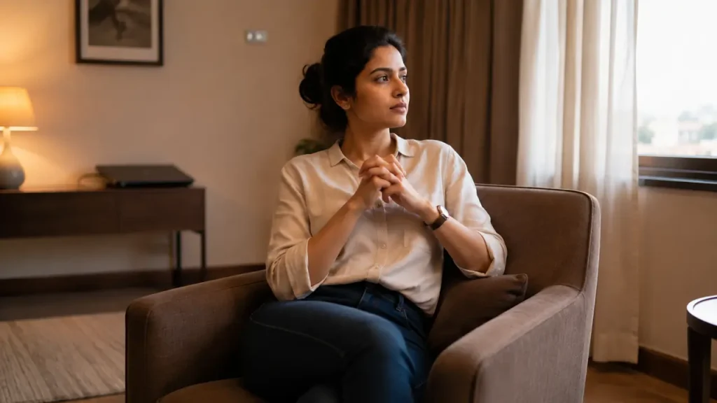 A woman is unable to relax after work, reflecting, 'Why can’t I relax?'