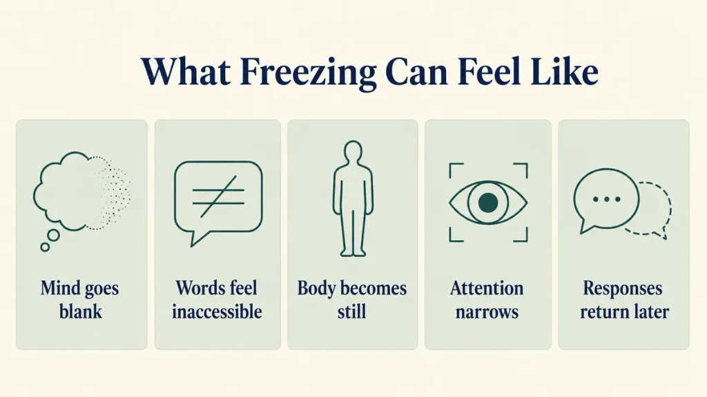 Why do I freeze when someone raises their voice? Five signs include a blank mind, inaccessible words, stillness, narrowed attention and delayed responses.