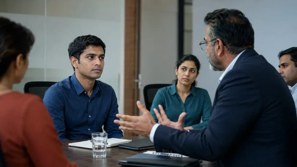 A professional struggles to speak or leave while facing a more powerful colleague during a tense workplace meeting.
