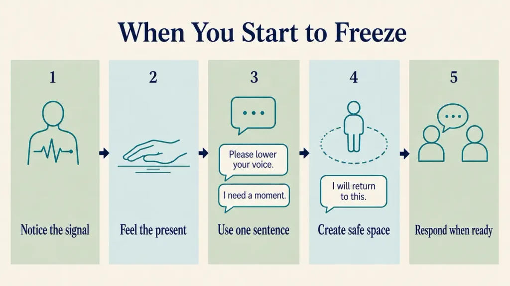 Why do I freeze when someone raises their voice? Five steps help you notice the response, ground yourself, create space and respond when ready.