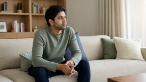 A man sitting uneasily in a peaceful sunlit room, reflecting the question, “Why do I feel anxious when things are going well?”