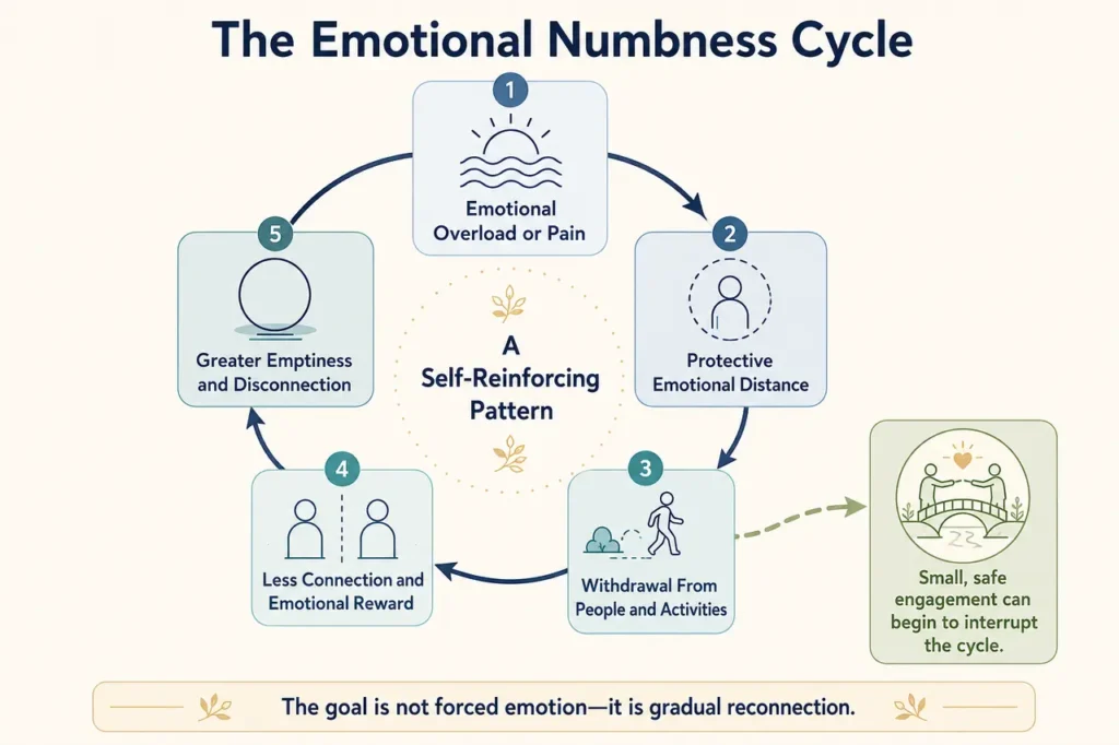 Emotional numbness cycle showing how overload, protective distance, withdrawal and reduced connection can deepen emptiness.