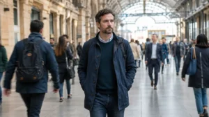 Why do I feel emotionally numb? A man appears emotionally distant while walking through a busy railway concourse.