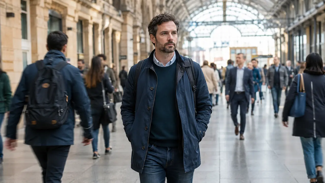 Why do I feel emotionally numb? A man appears emotionally distant while walking through a busy railway concourse.