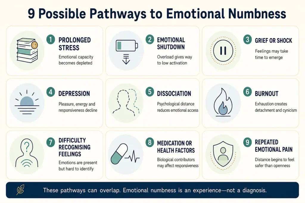 Why do I feel emotionally numb? Nine possible reasons you may feel emotionally numb, including prolonged stress, grief, depression, burnout and dissociation.