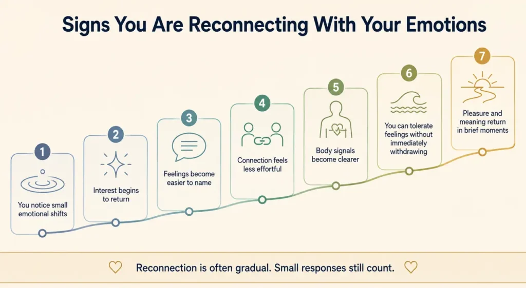 Signs of recovering from emotional numbness include returning interest, clearer feelings, body awareness, connection and brief moments of meaning.