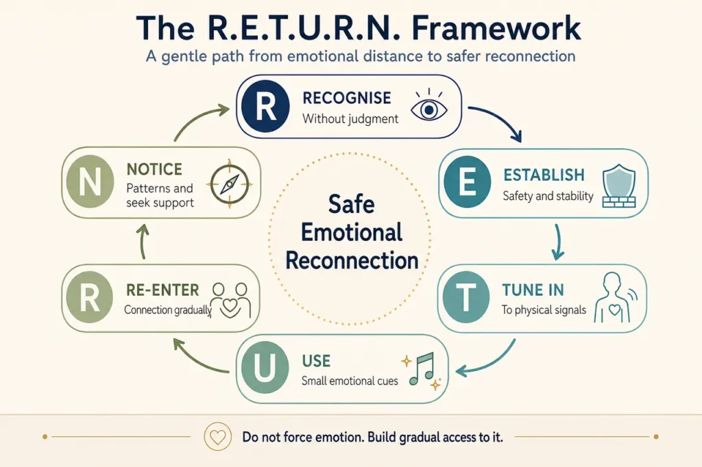 The R.E.T.U.R.N. framework shows six gentle steps to reconnect with emotions safely and gradually.