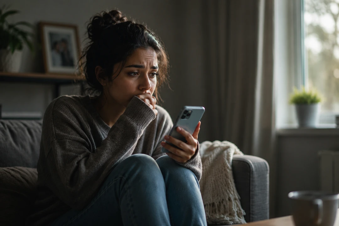 Why do I need constant reassurance: A woman checking her phone while seeking reassurance, reflecting the psychology behind the need for constant reassurance.
