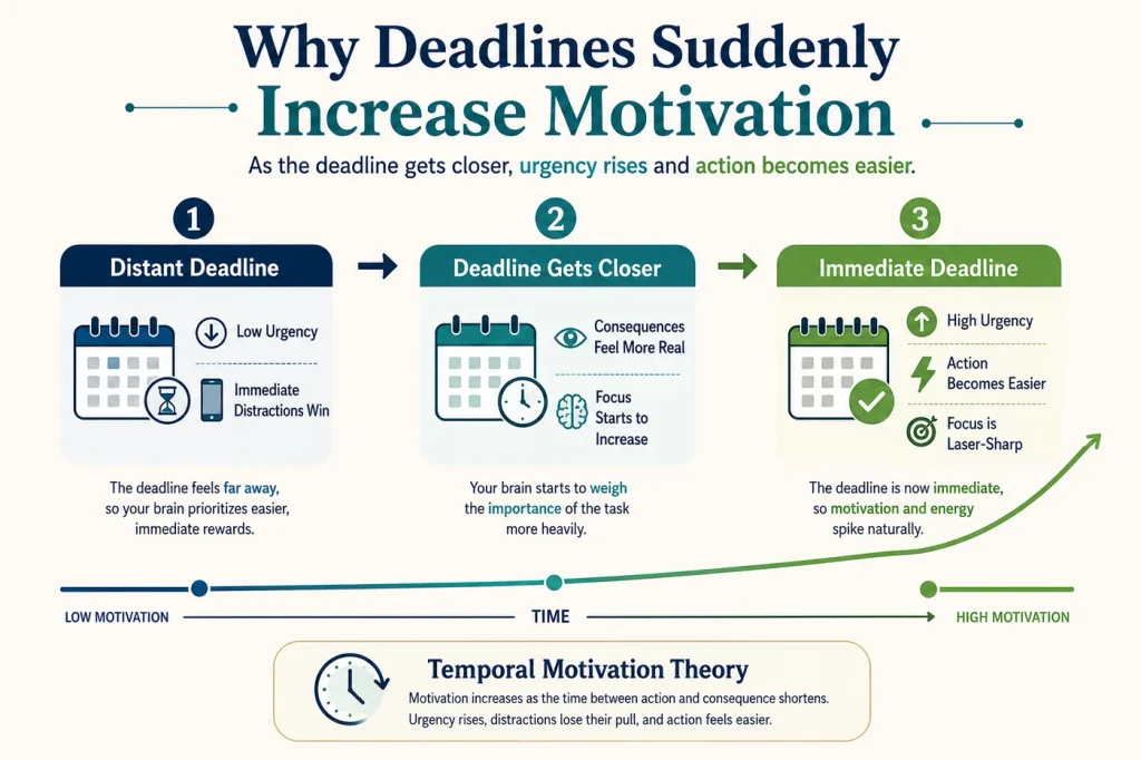 Infographic explaining why do I procrastinate until deadlines get closer, showing how urgency increases motivation and reduces the pull of immediate distractions.