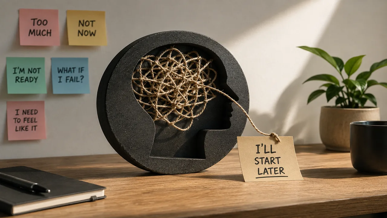 Featured image illustrating why do I procrastinate, with tangled thoughts representing overwhelm, fear of failure and the tendency to put important tasks off.