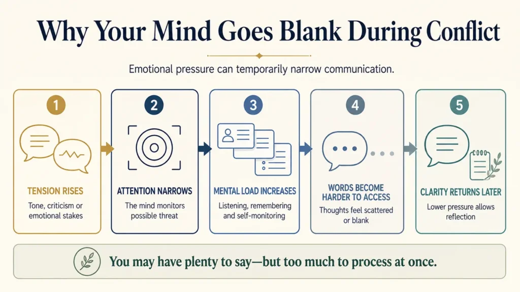 Why Do I Shut Down During Arguments? An infographic explaining how tension, narrowed attention and mental overload make the mind go blank during conflict.