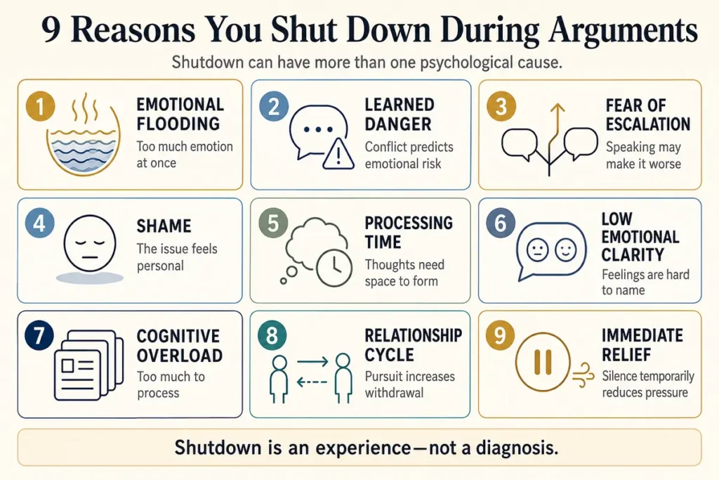 Why Do I Shut Down During Arguments? An infographic showing nine psychological reasons, including emotional flooding, shame, cognitive overload and relationship patterns.