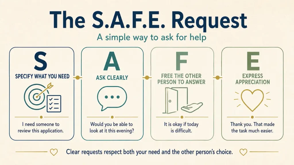 Why do I struggle to ask for help? The S.A.F.E. Request offers four practical steps for asking for support clearly.