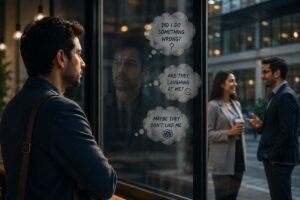 Why do I take everything so personally? A thoughtful professional reflecting while two colleagues talk in the background, illustrating personalization and emotional interpretation.