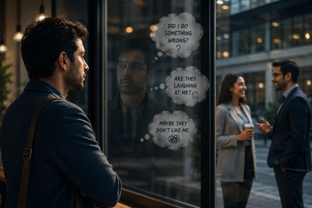 Why do I take everything so personally? A thoughtful professional reflecting while two colleagues talk in the background, illustrating personalization and emotional interpretation.