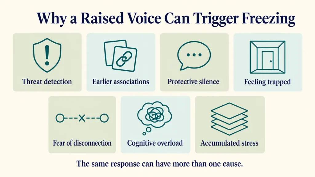 Why do I freeze when someone raises their voice? Seven causes include threat detection, protective silence, feeling trapped and cognitive overload.
