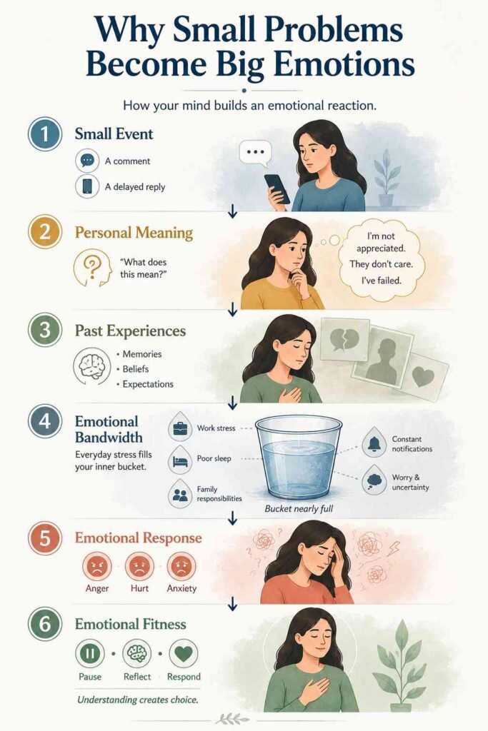 Why small problems become big emotions infographic explaining emotional overreaction, emotional triggers, emotional bandwidth, and emotional regulation.