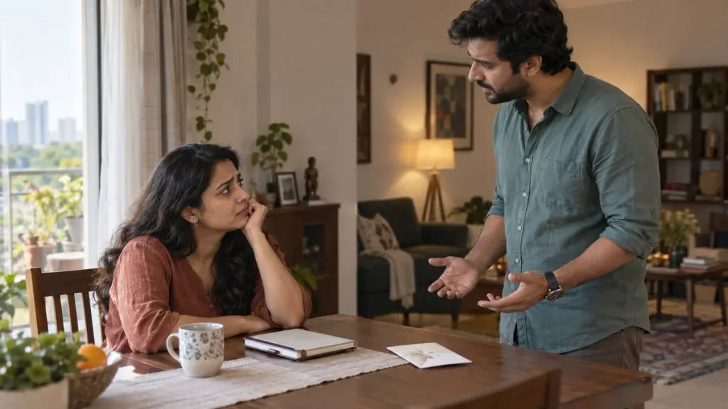 Couple experiencing black and white thinking in relationships during a difficult conversation