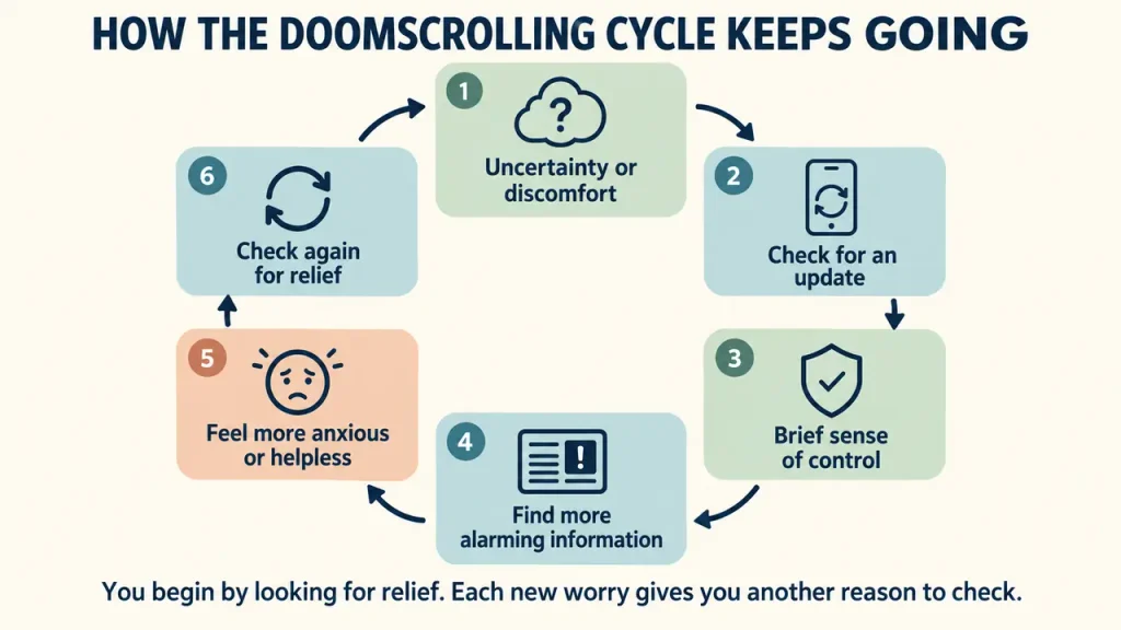 Doomscrolling cycle showing how uncertainty, repeated checking and anxiety make it difficult to stop