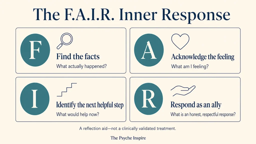 F.A.I.R. inner response: find the facts, acknowledge the feeling, identify the next helpful step and respond as an ally.