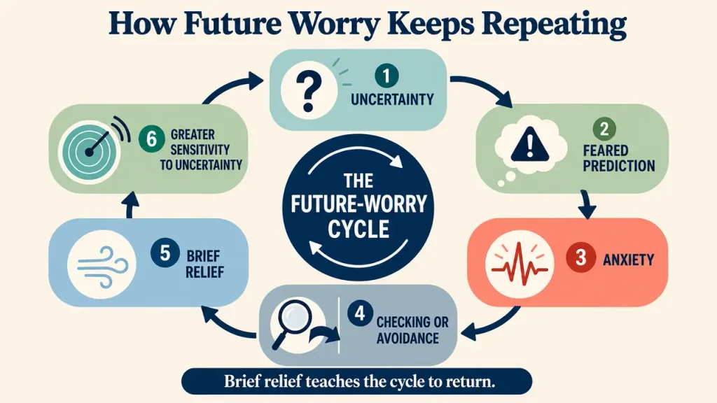 Future worry cycle showing how uncertainty leads to anxious predictions, checking and temporary relief