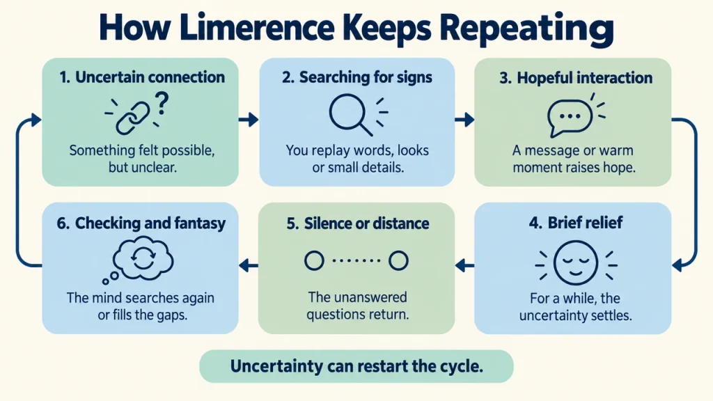 The repeating limerence cycle explaining why can’t I stop thinking about someone when a connection remains uncertain