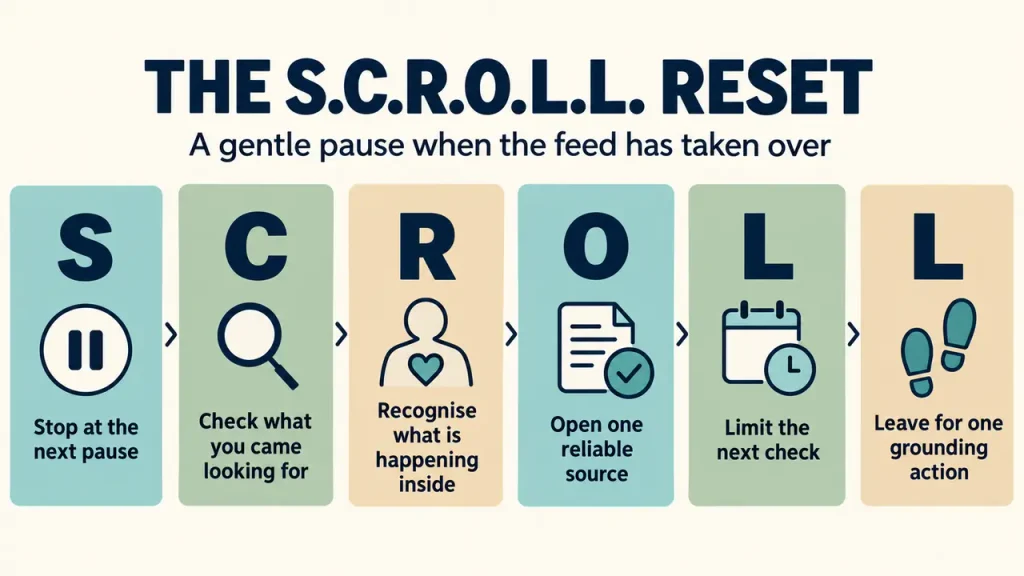 S.C.R.O.L.L. Reset with six practical steps explaining how to stop doomscrolling