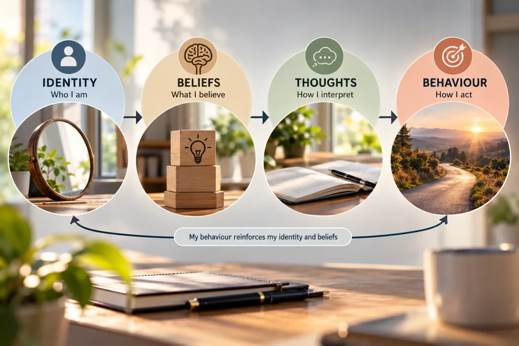 Identity belief thoughts and behaviour psychology cycle
