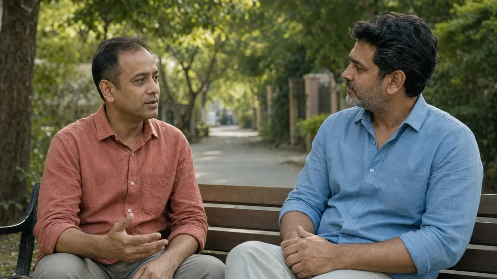Two friends having a supportive conversation on a park bench, showing how honest connection can help when you feel lonely even around people.