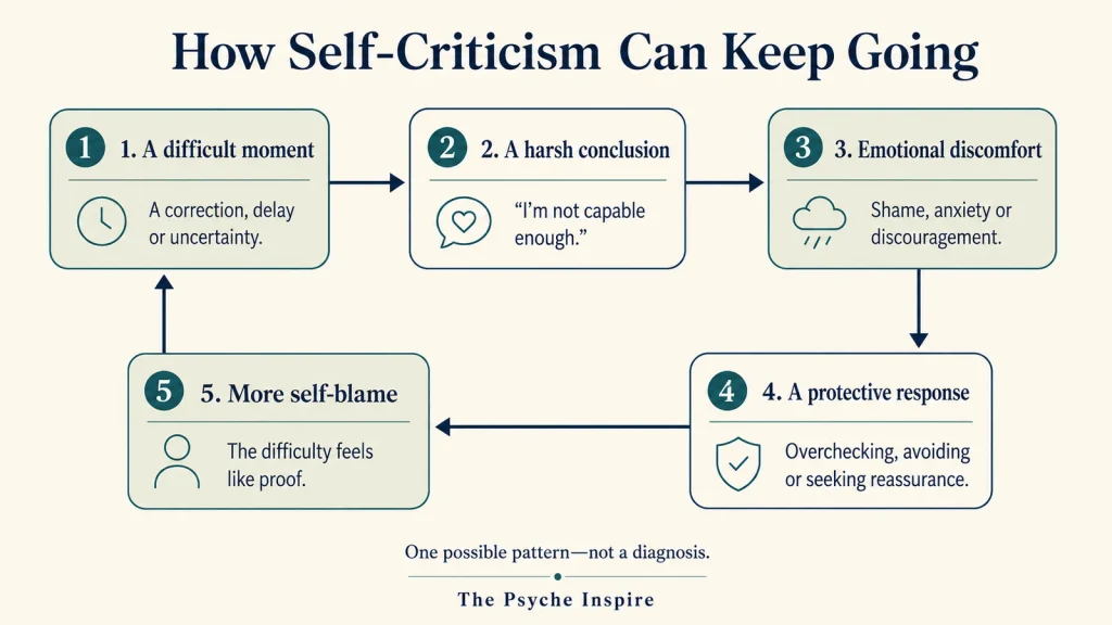 Five-step self-criticism cycle: a difficult moment, harsh conclusion, emotional discomfort, protective response and more self-blame.