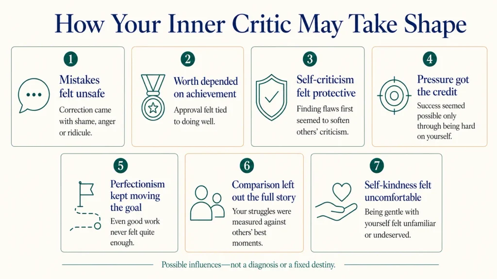 Infographic exploring “why am I so hard on myself” through seven possible influences on self-criticism.
