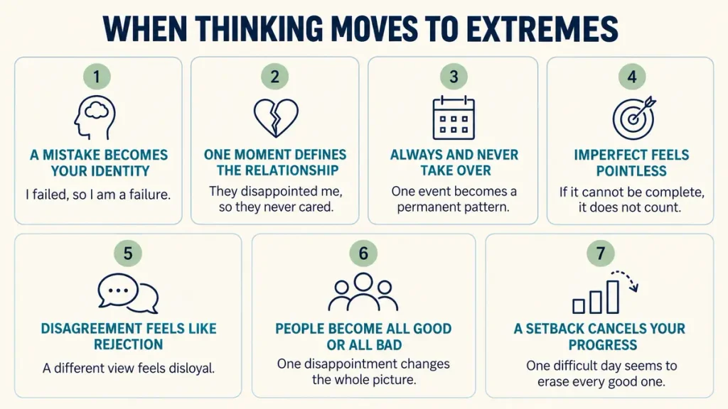 Seven signs of black and white thinking in self-talk, relationships and everyday life