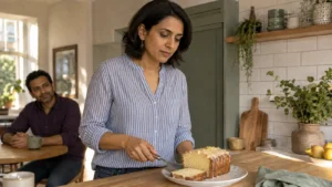 A woman examining a homemade cake while a man watches, illustrating "Why am I so hard on myself?”