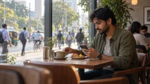 A man caught in negative news during breakfast, reflecting the question: why can’t I stop doomscrolling?
