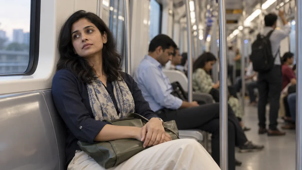 A woman lost in thought during her commute, reflecting why can’t I stop thinking about someone in daily life