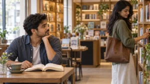 A man quietly watching a woman walk away, reflecting why can’t I stop thinking about someone and the experience of limerence