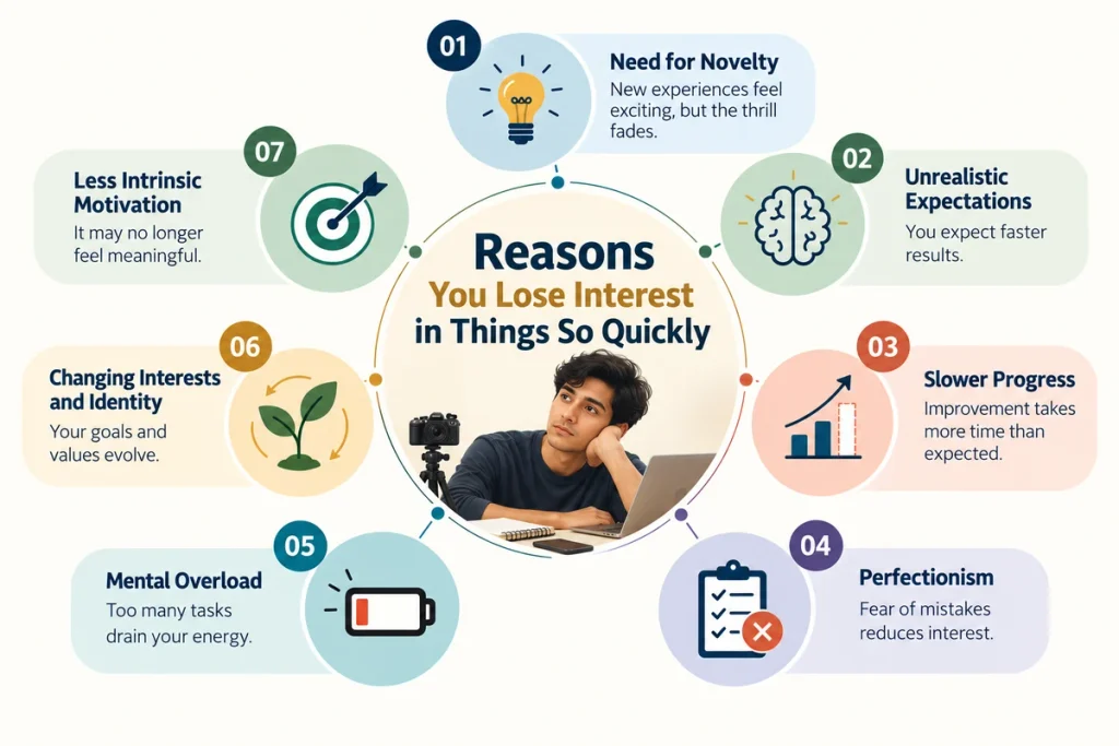 Infographic explaining why do I lose interest in things so quickly, showing seven reasons including novelty, unrealistic expectations, slow progress and mental overload.