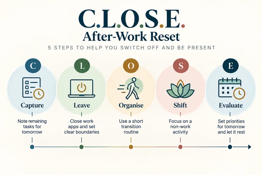 After-work routine for mental detachment: five steps to capture unfinished tasks, leave work, organise a transition, shift attention and evaluate tomorrow’s priorities.