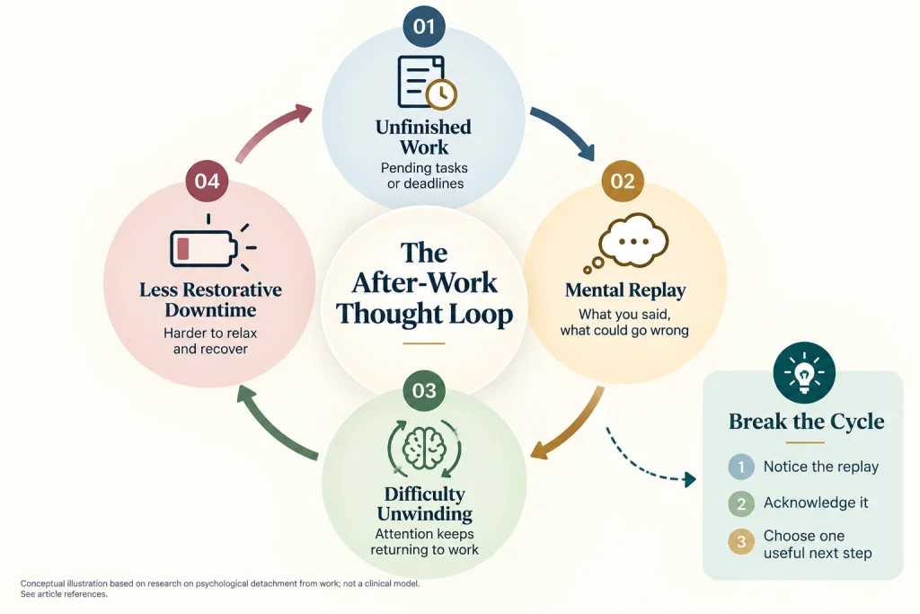 Why can't I switch off after work? An infographic showing the cycle of unfinished work, mental replay, difficulty unwinding and reduced recovery.