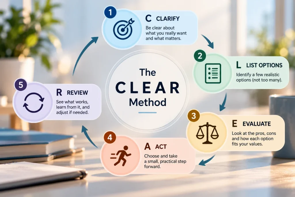 C.L.E.A.R. Decision Method infographic showing five steps for making thoughtful decisions