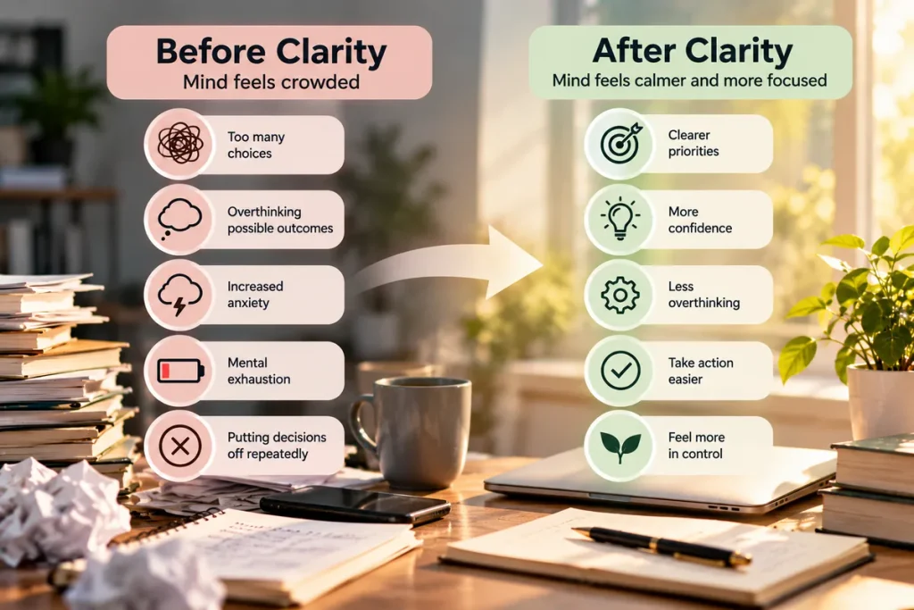 Infographic showing the shift from decision paralysis and mental overwhelm to clearer priorities and action