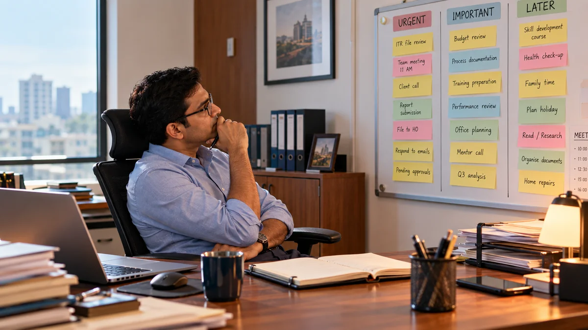 Man struggling to prioritise multiple tasks and decisions in his office