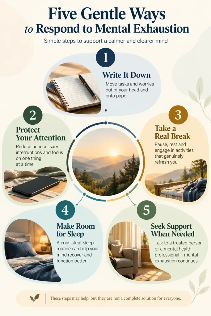 Infographic showing five practical ways to respond to feeling mentally exhausted: write down worries, protect attention, take restorative breaks, maintain a sleep routine and seek support.