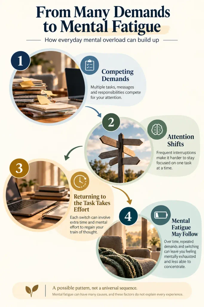 Infographic explaining how competing demands and frequent attention shifts may contribute to mental fatigue.