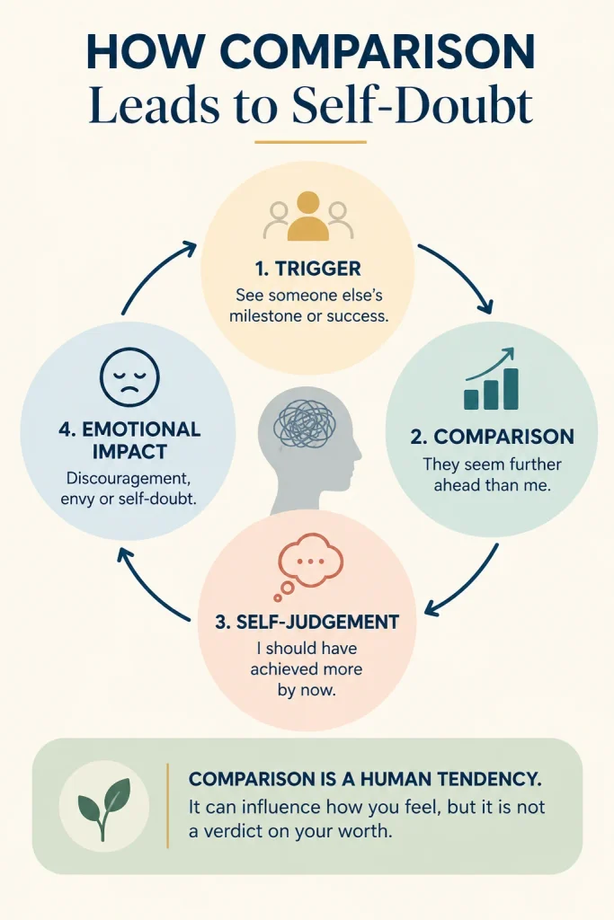 How social comparison leads to self-doubt through triggers, comparison, self-judgement and emotional impact.