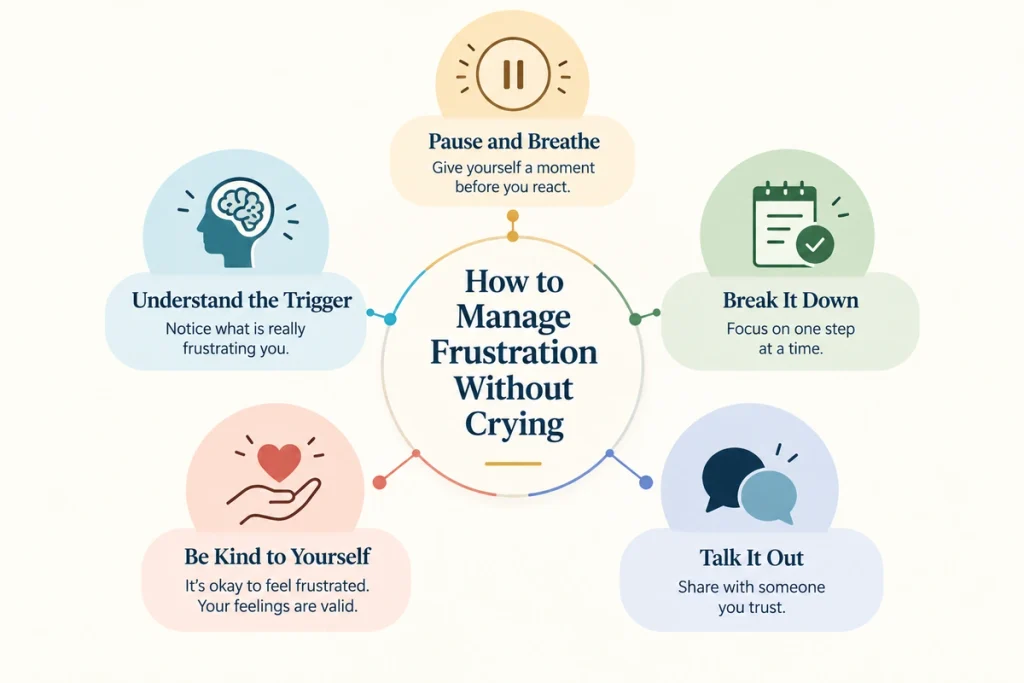 Why do I get frustrated easily and cry? An infographic showing five practical strategies to manage frustration, emotional overwhelm, and tears.